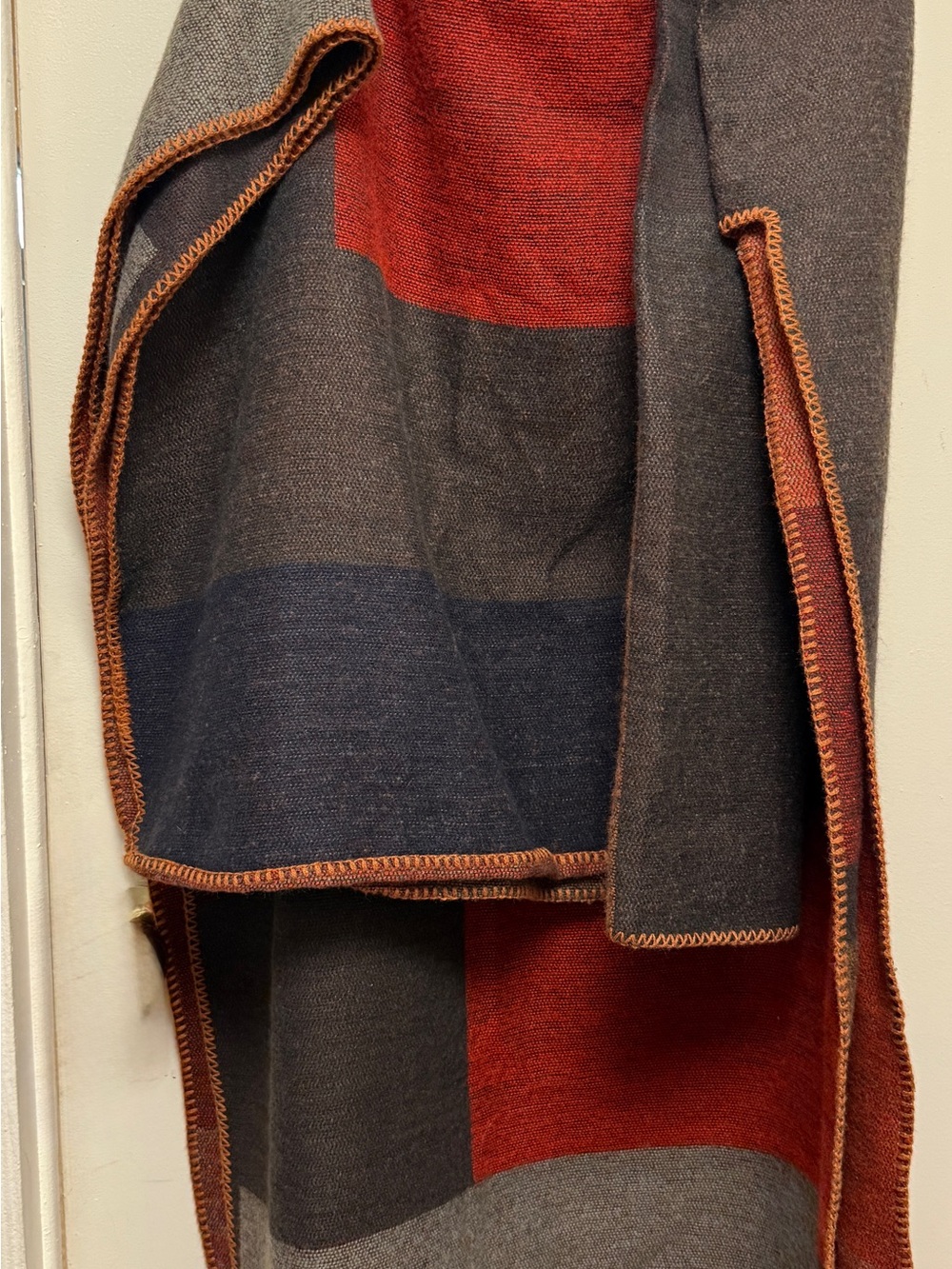 Warm Colorblock Wool-Blend Shawl Throw Coat - Brown & Red OS